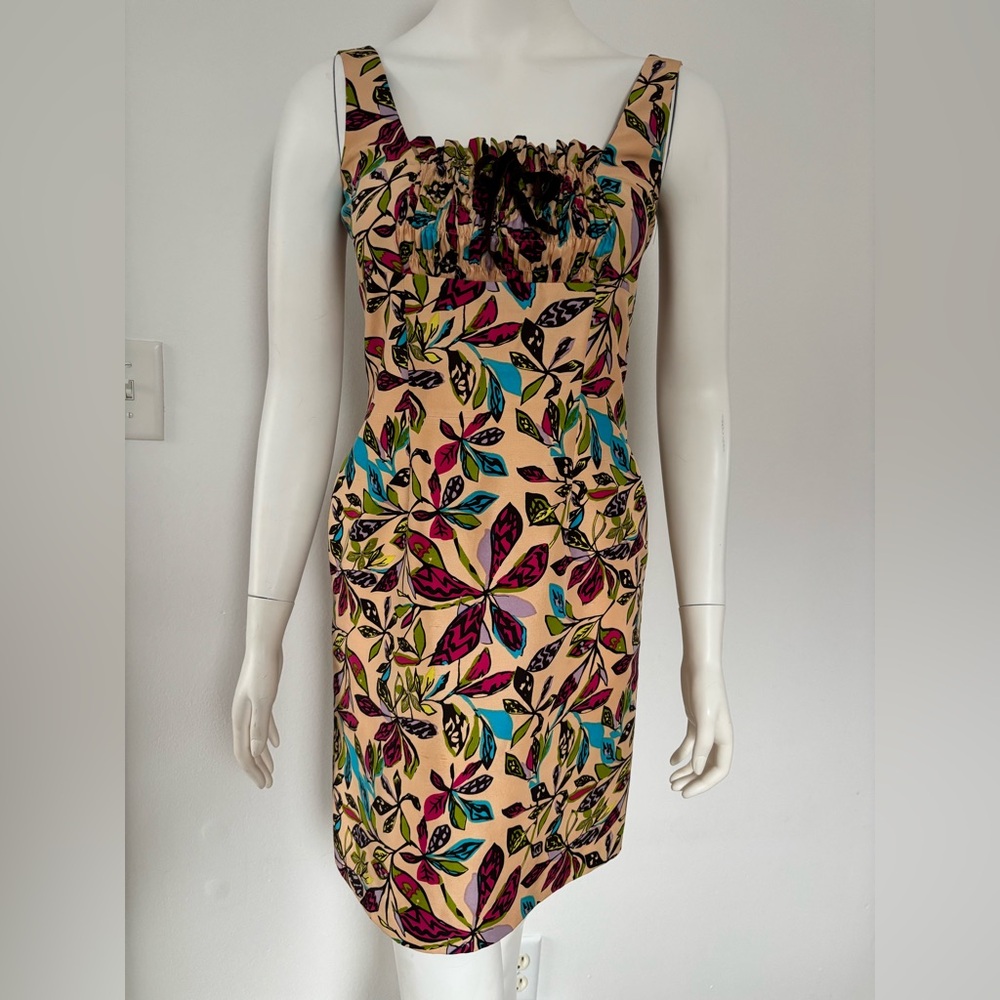 Jade 100% Silk  Beige Floral Print Mini Dress with Multicolor Flowers